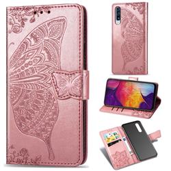 Embossing Mandala Flower Butterfly Leather Wallet Case for Samsung Galaxy A50 - Rose Gold
