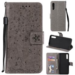 Embossing Cherry Blossom Cat Leather Wallet Case for Samsung Galaxy A50 - Gray