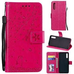 Embossing Cherry Blossom Cat Leather Wallet Case for Samsung Galaxy A50 - Rose