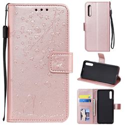 Embossing Cherry Blossom Cat Leather Wallet Case for Samsung Galaxy A50 - Rose Gold