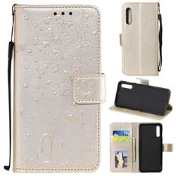 Embossing Cherry Blossom Cat Leather Wallet Case for Samsung Galaxy A50 - Golden
