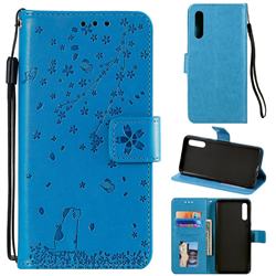 Embossing Cherry Blossom Cat Leather Wallet Case for Samsung Galaxy A50 - Blue