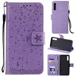 Embossing Cherry Blossom Cat Leather Wallet Case for Samsung Galaxy A50 - Purple