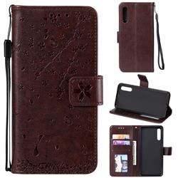 Embossing Cherry Blossom Cat Leather Wallet Case for Samsung Galaxy A50 - Brown