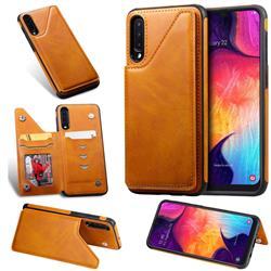 Luxury Multifunction Magnetic Card Slots Stand Calf Leather Phone Back Cover for Samsung Galaxy A50 - Brown