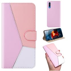 Tricolour Stitching Wallet Flip Cover for Samsung Galaxy A50 - Pink