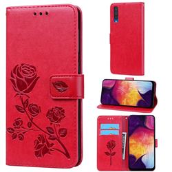 Embossing Rose Flower Leather Wallet Case for Samsung Galaxy A50 - Red