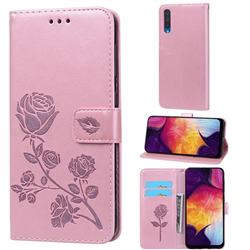 Embossing Rose Flower Leather Wallet Case for Samsung Galaxy A50 - Rose Gold