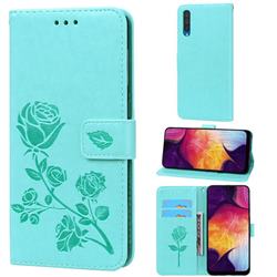 Embossing Rose Flower Leather Wallet Case for Samsung Galaxy A50 - Green