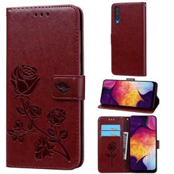 Embossing Rose Flower Leather Wallet Case for Samsung Galaxy A50 - Brown