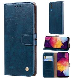 Luxury Retro Oil Wax PU Leather Wallet Phone Case for Samsung Galaxy A50 - Sapphire