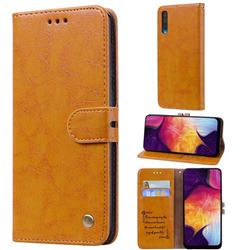 Luxury Retro Oil Wax PU Leather Wallet Phone Case for Samsung Galaxy A50 - Orange Yellow