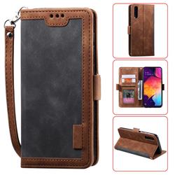 Luxury Retro Stitching Leather Wallet Phone Case for Samsung Galaxy A50 - Gray