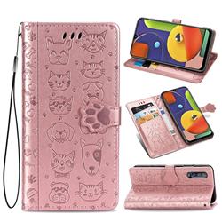 Embossing Dog Paw Kitten and Puppy Leather Wallet Case for Samsung Galaxy A50 - Rose Gold