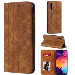 Intricate Embossing Four Leaf Clover Leather Wallet Case for Samsung Galaxy A50 - Yellowish Brown