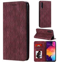 Intricate Embossing Four Leaf Clover Leather Wallet Case for Samsung Galaxy A50 - Claret