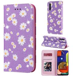 Ultra Slim Daisy Sparkle Glitter Powder Magnetic Leather Wallet Case for Samsung Galaxy A50 - Purple