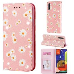 Ultra Slim Daisy Sparkle Glitter Powder Magnetic Leather Wallet Case for Samsung Galaxy A50 - Pink
