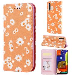 Ultra Slim Daisy Sparkle Glitter Powder Magnetic Leather Wallet Case for Samsung Galaxy A50 - Orange