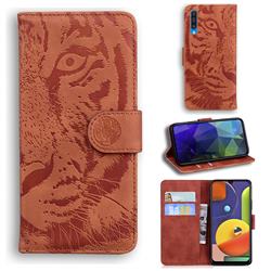 Intricate Embossing Tiger Face Leather Wallet Case for Samsung Galaxy A50 - Brown