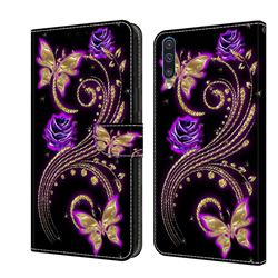 Purple Flower Butterfly Crystal PU Leather Protective Wallet Case Cover for Samsung Galaxy A50