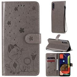 Embossing Bee and Cat Leather Wallet Case for Samsung Galaxy A50s - Gray