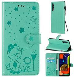 Embossing Bee and Cat Leather Wallet Case for Samsung Galaxy A50s - Green