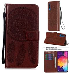 Embossing Dream Catcher Mandala Flower Leather Wallet Case for Samsung Galaxy A50s - Brown