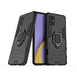 Black Panther Armor Metal Ring Grip Shockproof Dual Layer Rugged Hard Cover for Samsung Galaxy A51 4G - Black
