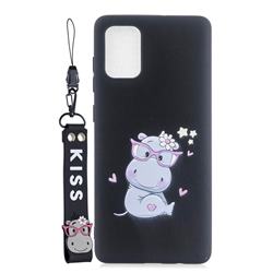 Black Flower Hippo Soft Kiss Candy Hand Strap Silicone Case for Samsung Galaxy A51 4G