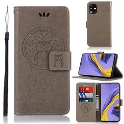 Intricate Embossing Owl Campanula Leather Wallet Case for Samsung Galaxy A51 4G - Grey