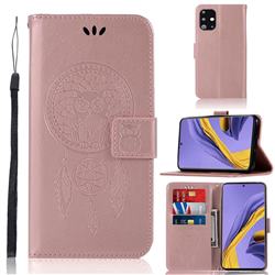 Intricate Embossing Owl Campanula Leather Wallet Case for Samsung Galaxy A51 4G - Rose Gold