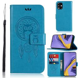 Intricate Embossing Owl Campanula Leather Wallet Case for Samsung Galaxy A51 4G - Blue
