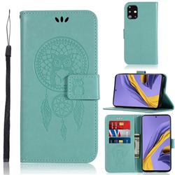 Intricate Embossing Owl Campanula Leather Wallet Case for Samsung Galaxy A51 4G - Green