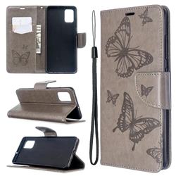 Embossing Double Butterfly Leather Wallet Case for Samsung Galaxy A51 4G - Gray