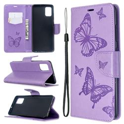 Embossing Double Butterfly Leather Wallet Case for Samsung Galaxy A51 4G - Purple