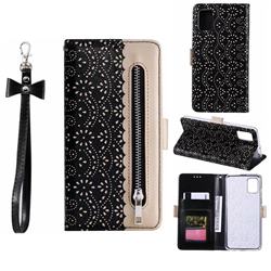Luxury Lace Zipper Stitching Leather Phone Wallet Case for Samsung Galaxy A51 4G - Black