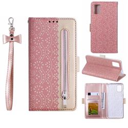 Luxury Lace Zipper Stitching Leather Phone Wallet Case for Samsung Galaxy A51 4G - Pink