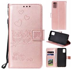 Embossing Owl Couple Flower Leather Wallet Case for Samsung Galaxy A51 4G - Rose Gold