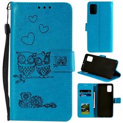 Embossing Owl Couple Flower Leather Wallet Case for Samsung Galaxy A51 4G - Blue