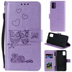 Embossing Owl Couple Flower Leather Wallet Case for Samsung Galaxy A51 4G - Purple