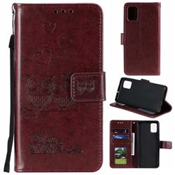 Embossing Owl Couple Flower Leather Wallet Case for Samsung Galaxy A51 4G - Brown