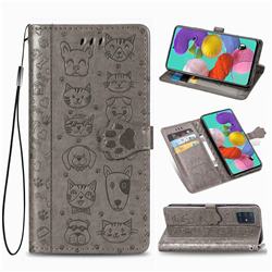 Embossing Dog Paw Kitten and Puppy Leather Wallet Case for Samsung Galaxy A51 4G - Gray
