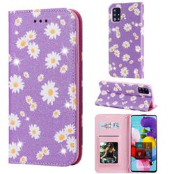 Ultra Slim Daisy Sparkle Glitter Powder Magnetic Leather Wallet Case for Samsung Galaxy A51 4G - Purple