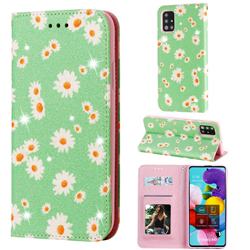 Ultra Slim Daisy Sparkle Glitter Powder Magnetic Leather Wallet Case for Samsung Galaxy A51 4G - Green