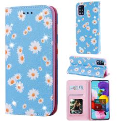Ultra Slim Daisy Sparkle Glitter Powder Magnetic Leather Wallet Case for Samsung Galaxy A51 4G - Blue