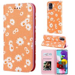 Ultra Slim Daisy Sparkle Glitter Powder Magnetic Leather Wallet Case for Samsung Galaxy A51 4G - Orange