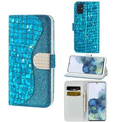 Glitter Diamond Buckle Laser Stitching Leather Wallet Phone Case for Samsung Galaxy A51 4G - Blue