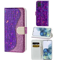 Glitter Diamond Buckle Laser Stitching Leather Wallet Phone Case for Samsung Galaxy A51 4G - Purple