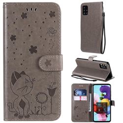 Embossing Bee and Cat Leather Wallet Case for Samsung Galaxy A51 4G - Gray